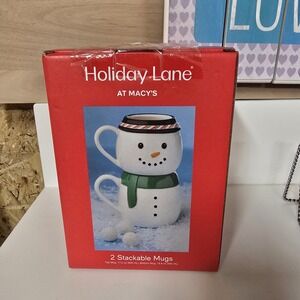 NEW Holiday Lane Macy's Santa  Mugs 2 Stackable 18.1 oz Top 13.5 oz Bottom
